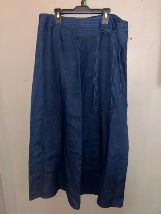 Linen Maxi Skirt - navy blue 100% linen w/fringe tie detail - Picture 2 of 11